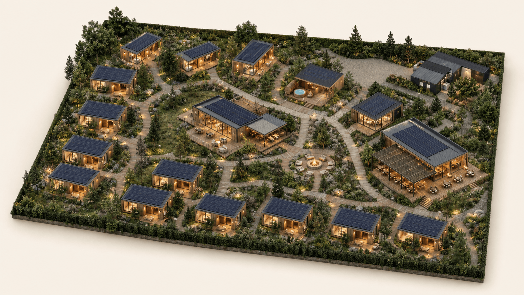 Compartimentare axonometrică MELC Village, cu toate zonele interioare și terasa vizibile